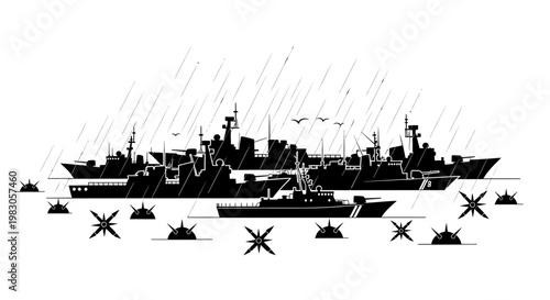 Naval fleet under heavy rain, warships in formation with sea mines, military concept