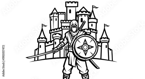 Ninja Warrior with Sword and Shield in Front of Castle - Black and White Line Art