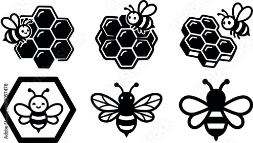 Black and white bee and honeycomb vector icons in flat line art style