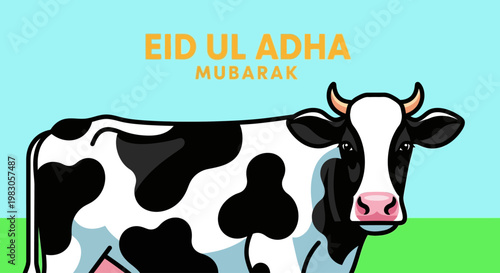 Vibrant illustration celebrating Eid al-Adha with a stylized cow, symbolizing the traditions of sacrifice and communal sharing during the Islamic festival of blessings and joy