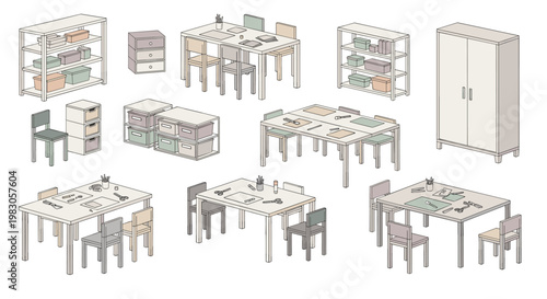 Isometric collection of modular furniture for a children's arts and crafts studio, featuring tables, chairs, shelving units, and storage cabinets with colorful boxes.