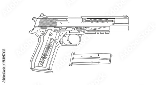 Pistol Blueprint: Detailed Cutaway Illustration of a Semi-Automatic Handgun and Magazine