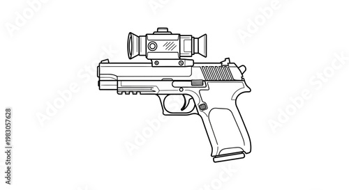 Pistol with Red Dot Sight - Line Drawing Illustration