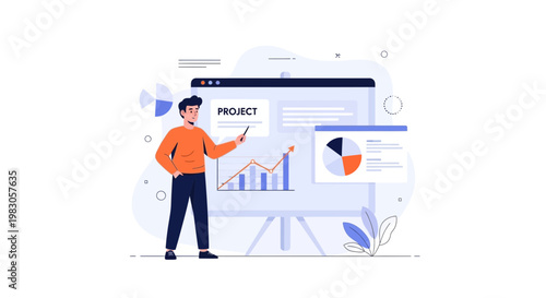 Man presenting project data with charts and graphs on a whiteboard