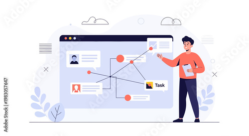 Man presenting project management workflow on a digital board with tasks and connections