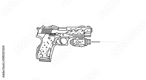 Pistol with Laser Sight and Tactical Flashlight, Line Art Illustration