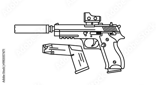 Pistol with Silencer and Red Dot Sight, Magazine - Line Art Illustration