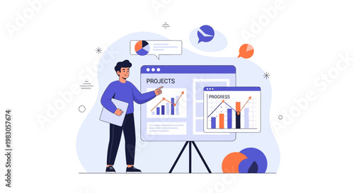 Man presenting project progress with charts and graphs on a whiteboard
