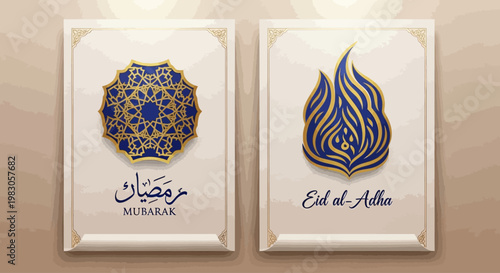 Ramadan Mubarak and Eid al-Adha greeting cards with traditional Islamic patterns
