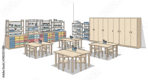 Isometric overview of a spacious children's arts and crafts room, equipped with numerous work tables, stools, adjustable shelving, and colorful multi-drawer storage cabinets.