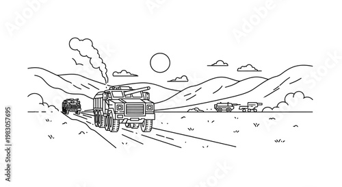 Post-apocalyptic convoy: truck, vehicles, and arid landscape with mountains