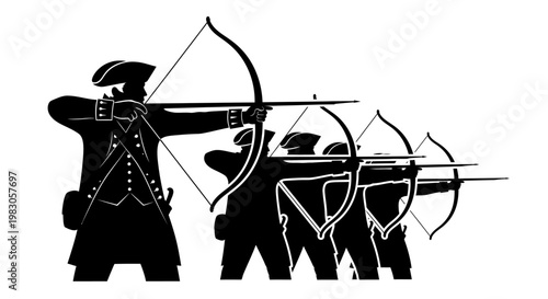 Revolutionary War Archers Aim Bows in Formation
