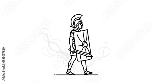 Roman Soldier Warrior with Sword and Shield, Ancient Warrior Line Art