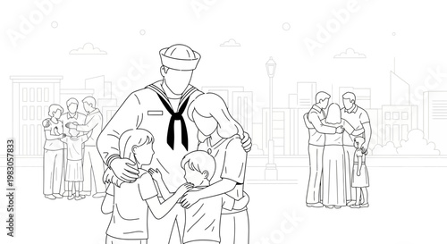 Sailor hugging family, homecoming, reunion, military family, children, parents, city background