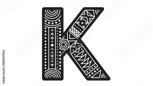 Letter K showcases a sophisticated tribal texture with contrasting geometric patterns and lines.
