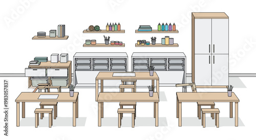 Perspective view of a modern minimalist creative studio, featuring light wooden work tables, matching stools, low drawer cabinets, wall-mounted shelves, and a tall storage unit.