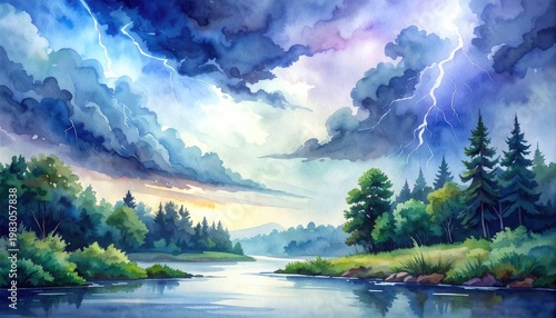 Watercolor painting of a stormy landscape with lightning and river