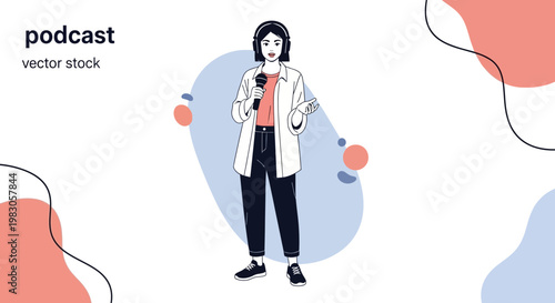 Podcast Host Woman Speaking into Microphone with Headphones, Vector Illustration