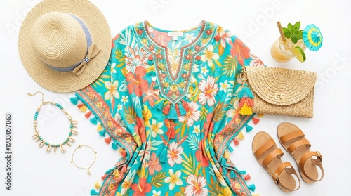 Flat lay of vibrant summer resort wear including caftan, hat, sandals, and cocktail on white for tropical vacation concept and beach holiday fashion