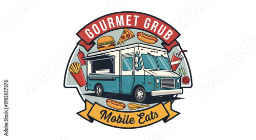 Teal food truck with white top.