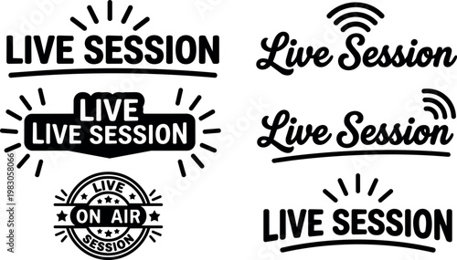 Black and white live session lettering with wireless signal icons and on air badge vector art