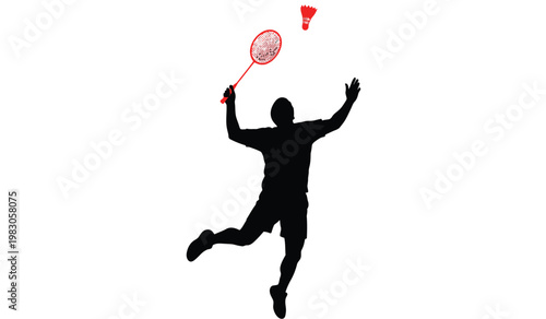 A dynamic black silhouette depicts a badminton player in mid swing reaching high to strike the shuttlecock showcasing athletic prowess silhouette high quality professional