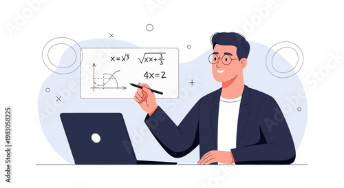 Man teaching math online with laptop and whiteboard, virtual education concept