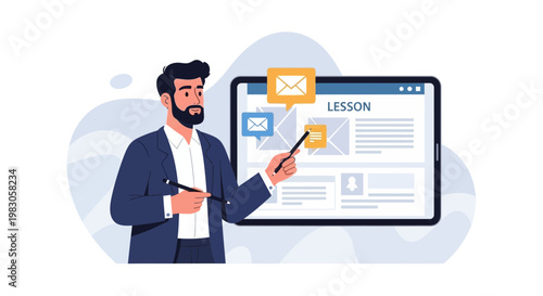 Man teaching online lesson on tablet, pointing to screen with email icons, digital education concept