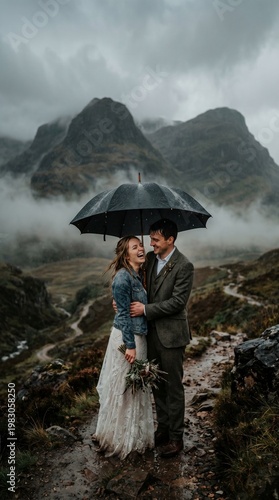 A happy couple under an umbrella on their wedding day, embracing in the rain amidst a dramatic mountainous landscape. They are both smiling.