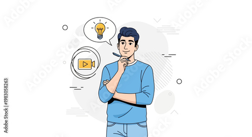 Man Thinking About Video Creation and Ideas, Lightbulb and Play Button Icons