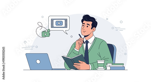 Man thinking about video production, planning content creation with laptop and notebook