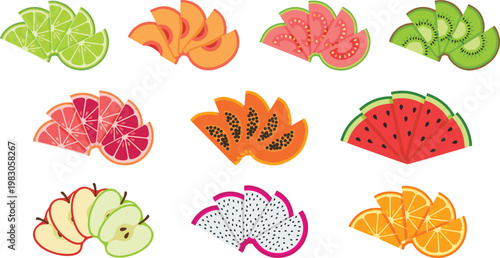 Mixed Fruit Slice Vector Set with Citrus, Kiwi, Watermelon, Dragon Fruit and Apple in Bright Flat Style for Healthy Food Illustrations and Design