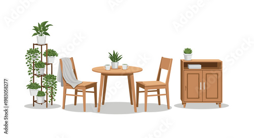 Charming outdoor dining area, showcasing a wooden round table, two chairs, a multi-tiered plant stand with various potted plants, and a small wooden side cabinet.