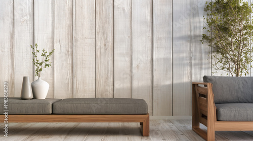 Bench seat with soft cushions sits against a vertical wooden paneled wall in a brightly lit modern living space that offers plenty of copy space for interior design.