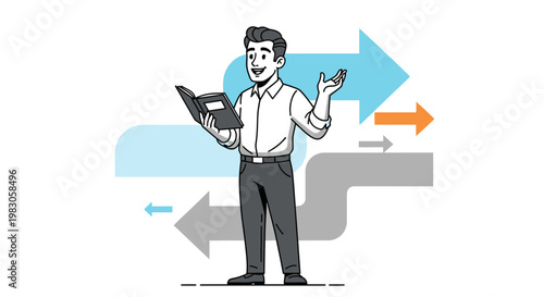 Man reading book with arrows indicating direction and flow of information