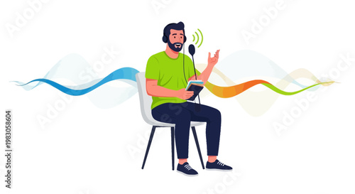 Man Recording Podcast with Headphones and Microphone, Sound Waves Illustration