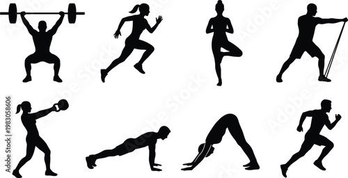 Silhouette of people exercising on white background fitness and workout vector graphics