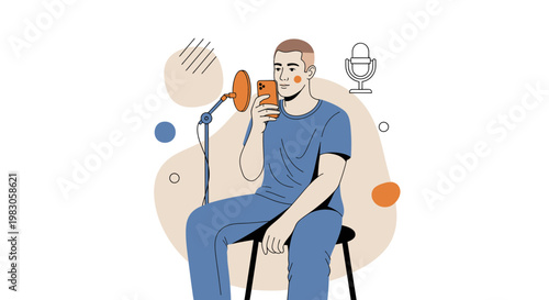 Man recording podcast or video with phone and microphone, modern illustration
