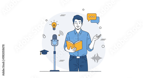 Man with Book and Microphone: Podcasting, Public Speaking, Online Education Concept