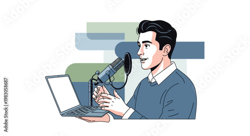 Man recording podcast with laptop and microphone, podcasting concept