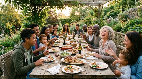 A large family joyfully sharing a meal outdoors on a long table, celebrating the joy of togetherness. The scene exudes happiness and the bond of kinship.