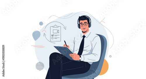 Man with headphones and clipboard, taking notes, business concept illustration