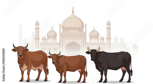 Sacred Cows of India in front of Taj Mahal illustration
