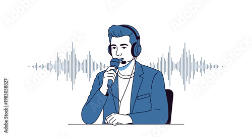 Man with headphones and microphone speaking, sound waves illustration