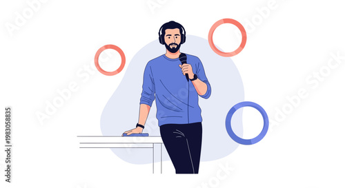 Man with headphones and microphone, DJ or podcaster, abstract circles background