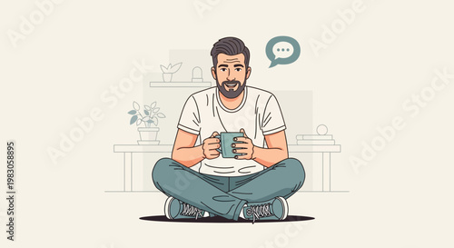 Man Sitting Cross-legged Holding Mug, Chat Bubble Icon Above Head, Relaxed Lifestyle