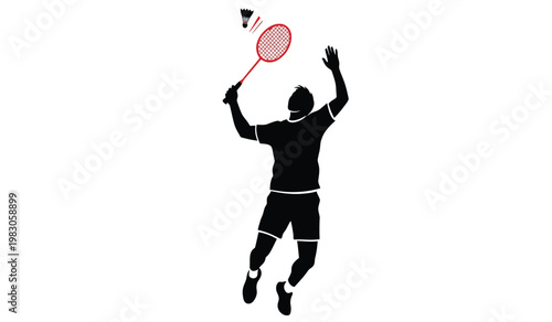 A dynamic image depicts a badminton player in mid swing preparing to strike the shuttlecock with power and precision presented as a silhouette