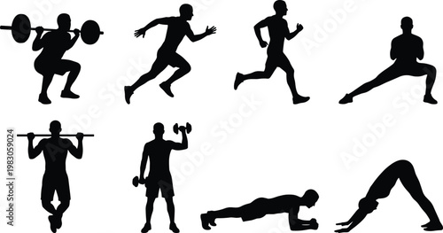 Silhouette of various men exercising on white background fitness workout vector