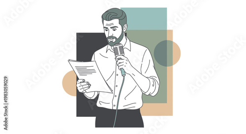 Man Speaking into Microphone Reading from Paper, Business Presentation, Public Speaking