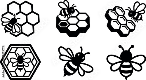 Black and white honeycomb hexagon bees with wings vector art collection